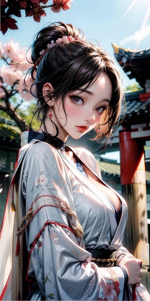 ((animestyle, digitalart, 4k)), (rich colors), ((film grain)), (sun light), ((japanese temple background)), (sakura blossom),(lighting on sky) forest nearby, (wind with sakura flowers), ((model shot)),(((1girl/))), ((shenhe)), ,((hot body)),(white robe, flower pattern),  quiet atmo, ,shenhe2,close up,Mizuki_Lin, upper body, from below