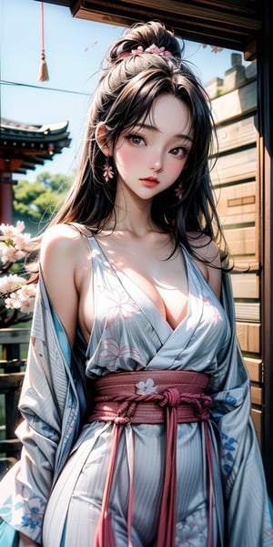 ((animestyle, digitalart, 4k)), (rich colors), ((film grain)), (sun light), ((japanese temple background)), (sakura blossom),(lighting on sky) forest nearby, (wind with sakura flowers), ((model shot)),(((1girl/))), ((shenhe)), ,((hot body)),(white robe, flower pattern),  quiet atmo, ,shenhe2,close up,Mizuki_Lin, upper body