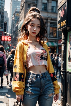 1girl, most beautiful korean girl, Korean beauty model, stunningly beautiful girl, gorgeous girl, 20yo, over sized eyes, big eyes, looking at viewer, dark gothic cyberpunk woman, defiant face, pastel colors, in clothes, colorful hair, light yellow sweatshirt, pants, black, with pink, guns hd, high detail, huoshen, TheLastOfUs, mgln,masterpiece