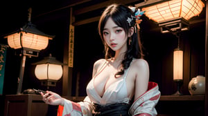 (masterpiece), (solo, look at viewers ), 1 Japanese beauty, white long hair, attractive , in the dark night, (sexy colorful kimono+body implants) ,(highly detailed background of ancient Japanese achitechture with neon lights) ,Cyberpunk,a traditional Japanese art,Mizuki_Lin, upper body, 