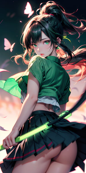 Japanese Anime,Second Dimension,Japanese Anime,1 girl swinging a whip,White long haire  butterflys,Anime style,body movements,Sense of Power,Force Value,(((red pupils:1.1))),(((Black pleated skirt))),Elegant Posture、Red Moon、dark purple tones,Elegant and atmospheric。,(((Fluorescent green whip：1.37。Motion blurred,Motion Blur))),Petals in the sky,Blurred foreground,Face Focus