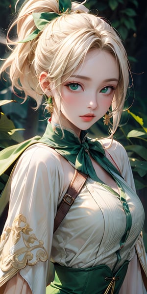 Please redeem、Unity 8K Wallpapers、32K、masterpiece、Very detailed、Ultra-high resolution、RAW Photos、professional、Ultra-fine painting、Magical Fairy Swordsman Leafa、Blonde Long Hair、White hair ribbon、green eyes、Green magical girl costume、Blonde ponytail、White hair ribbon、Yellow ribbon with a large emerald brooch、White pleated skirt with green lines、Green and yellow long gloves、Green thigh-high stiletto heel boots with gold molding、((close up upper body)), 