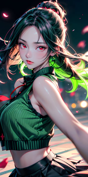 Japanese Anime,Second Dimension,Japanese Anime,1 girl swinging a tachi,White long hair,Anime style,body movements,(((red eyes:1.1))),(((Black pleated skirt))),Elegant Posture、Red Moon、dark purple tones,Elegant and atmospheric。,(((Fluorescent green whip：1.37。Motion blurred,Motion Blur))),Petals in the sky,Blurred foreground,Face Focus