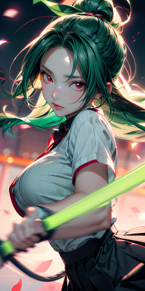 Japanese Anime,Second Dimension,Japanese Anime,(1 girl swinging a tachi, spear, whip),White long hair,Anime style,body movements,(((red eyes:1.1))),(((Black pleated skirt))),Elegant Posture、Red Moon、dark purple tones,Elegant and atmospheric。,(((Fluorescent green whip：1.37。Motion blurred,Motion Blur))),Petals in the sky,Blurred foreground,((close up from random angle shot)), 