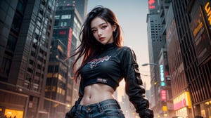 1girl, most beautiful korean girl, Korean beauty model, stunningly beautiful girl, gorgeous girl, 20yo, Avant-garde hairstyles, straight hair, looking at viewer, dark gothic cyberpunk woman, defiant face, pastel colors, in clothes, colorful hair, light yellow sweatshirt, pants, high detail, huoshen, TheLastOfUs, mgln,masterpiece, upper body photo, (from head to waist photo), from below:1.3, slim waist, 