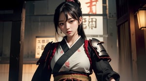 (masterpiece), (solo, looking at viewers ), 1 Japanese beauty, white long hair:1.2, Combat hairstyle, high ponytail, attractive , in the dark night, (Japanese samurai outerwear with amor) ,(highly detailed background of ancient Japanese achitechture with neon lights) ,Cyberpunk,a traditional Japanese art,Mizuki_Lin, upper body, from below, 