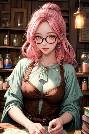 a fantasy magical shop which has a pink haired glasses clumsy girl as shopkeeper. Her store is filled with magic potions, books, papers, magical equipment etc. Her shop is made out of wood and gives the vibe of old shops filled with junk.
A digital painting of a pink-haired girl with glasses, clumsily managing a fantasy magical shop filled with potions, books, papers, and magical equipment. The shop has wooden walls and an old, junk-filled charm. The background features a cozy, cluttered interior with glowing potions and magical artifacts. Created Using: digital painting, warm color palette, detailed textures, dynamic composition, whimsical style, atmospheric lighting, intricate detailing, realistic elements, hd quality, natural look.

HD, 8K, Best Perspective, Best Lighting, Best Composition, Good Posture, High Resolution, High Quality, 4K Render, Highly Denoised, Clear distinction between object and body parts, Masterpiece, Beautiful face, 
Beautiful body, smooth skin, glistening skin, highly detailed background, highly detailed clothes, 
highly detailed face, beautiful eyes, beautiful lips, cute, beautiful scenery, gorgeous, beautiful clothes, best lighting, cinematic , great colors, great lighting, masterpiece, Good body posture, proper posture, correct hands, fantasy_shop, wooden_shop_interior, pink_haired_shopkeeper, clumsy_shopkeeper, glasses, magical world,Mizuki_Lin, 1girl, solo, 