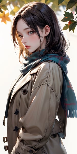 (solo),1girl\(long brown hair, cute, autumnal attire, scarf, coat, boots, pinching leaves\(which are shining golden through the sunlight),full body\\),(from side:1.3), long shot, simple minimalism white background, BREAK ,quality\(masterpiece, best quality,8k,wallpaper of extremely detailed CG unit, high resolution, top-quality, top-quality real texture skin, hyper realistic, increase the resolution, RAW photos, best quality, highly detailed, the wallpaper,golden ratio,high saturation realism, vibrant colors, dramatic lighting, persuasive storytelling, atmospheric scenery, captivating visuals, intricate details, strong emotions,dreamlike world\),Mizuki_Lin