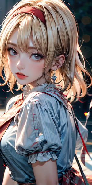 (8K), Sharp Focus, hight resolution, 1girl in, Alice, Upper body, (Alice Def), Blonde hair, (sash, Bow, Hair Band), Dress, (High quality:1.2), (high detailing:1.2), (masutepiece:1.2), (Extremely detailed:1.2), (close up from random angle), 