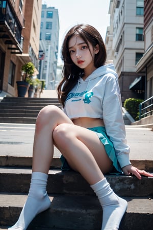 [(8K image), (ultra quality image), (ultra detailed image), (perfect body), (super detailed)], minimalism style, 4d, render, logo, cyberpunk, full detail body female, smily, ((White sports shoes, white loose socks, super mini aqua blue pleated skirt)), fashion, ceramics, hoodie, tubetop, logo, 12k, cinematic, fantastic background, ghost blade art style, fantastic, digital art, high detail, high detail skin, real skin, 8k, high_resolution, high quality, line code with glowing ancient characters, hdr:1.5, sharpness, beautiful korean girl, looking at viewer,masterpiece, low angle shot:1.3, (A girl is sitting in the middle of the steps with her legs stretched downwards), 