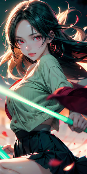 Japanese Anime,Second Dimension,Japanese Anime,1 girl swinging a tachi,White long hair,Anime style,body movements,(((red eyes:1.1))),(((Black pleated skirt))),Elegant Posture、Red Moon、dark purple tones,Elegant and atmospheric。,(((Fluorescent green whip：1.37。Motion blurred,Motion Blur))),Petals in the sky,Blurred foreground,((close up from random angle shot)), 