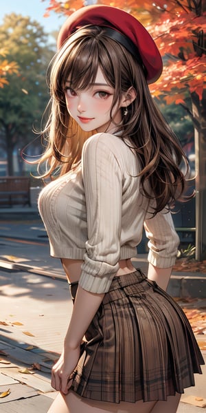 My Grandmother、Shiny golden hair, Long Hair, (Beautiful brown eyes、Shining Eyes, fine grain)、smile、Very detailed eyes、Highly detailed face, Highly detailed eyes,Cowboy Shot、 A woman is standing, Mature Woman, /(Rib knit) /(Red checked skirt/) beret, /(Brown Hair/) bangs,  (Top quality masterpiece:1.2) Elegant illustration, Super detailed, Put your arms down and break /(Outdoors in the park/) Brick Road, Autumn leaves on the tree々, Detailed Background