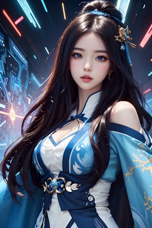 (masterpiece, top quality, best quality, official art, beautiful and aesthetic:1.2), 1girl, extreme detailed, reah, light blue long hair, emo, blue eyes, (abstract, fractal art:1.3), highest detailed, detailed_eyes, light_particles, hanfu, jewelry, sexy, blue glow