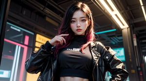 1girl, most beautiful korean girl, Korean beauty model, stunningly beautiful girl, gorgeous girl, 20yo, Avant-garde hairstyles, straight hair, looking at viewer, dark gothic cyberpunk woman, defiant face, pastel colors, in clothes, colorful hair, light yellow sweatshirt, pants, high detail, huoshen, TheLastOfUs, mgln,masterpiece, upper body photo, (from head to waist photo), from below:1.3, slim waist, 