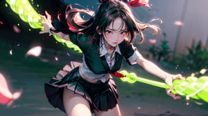 Japanese Anime,Second Dimension,Japanese Anime,1 girl swinging a tachi,White long hair,Anime style,body movements,(((red eyes:1.1))),(((Black pleated skirt))),Elegant Posture、Red Moon、dark purple tones,Elegant and atmospheric。,(((Fluorescent green whip：1.37。Motion blurred,Motion Blur))),Petals in the sky,Blurred foreground,((close up from random angle shot)), 