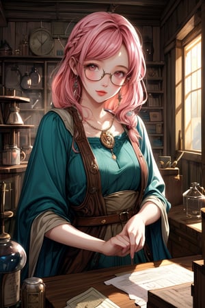 a fantasy magical shop which has a pink haired glasses clumsy girl as shopkeeper. Her store is filled with magic potions, books, papers, magical equipment etc. Her shop is made out of wood and gives the vibe of old shops filled with junk.
A digital painting of a pink-haired girl with glasses, clumsily managing a fantasy magical shop filled with potions, books, papers, and magical equipment. The shop has wooden walls and an old, junk-filled charm. The background features a cozy, cluttered interior with glowing potions and magical artifacts. Created Using: digital painting, warm color palette, detailed textures, dynamic composition, whimsical style, atmospheric lighting, intricate detailing, realistic elements, hd quality, natural look.

HD, 8K, Best Perspective, Best Lighting, Best Composition, Good Posture, High Resolution, High Quality, 4K Render, Highly Denoised, Clear distinction between object and body parts, Masterpiece, Beautiful face, 
Beautiful body, smooth skin, glistening skin, highly detailed background, highly detailed clothes, 
highly detailed face, beautiful eyes, beautiful lips, cute, beautiful scenery, gorgeous, beautiful clothes, best lighting, cinematic , great colors, great lighting, masterpiece, Good body posture, proper posture, correct hands, fantasy_shop, wooden_shop_interior, pink_haired_shopkeeper, clumsy_shopkeeper, glasses, magical world,Mizuki_Lin, 1girl, solo, 