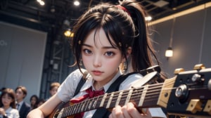 anime style beautiful woman, (1girl), (ponytail), black hair, (long hair), 
(((guitar, instrument, electric guitar, bass guitar, amplifier, gibson les paul, drum, acoustic guitar, speaker))), 
Slender, skinny, (turime), thick eyebrows, 
(school uniform), (sailor uniform), ((red sailor tie)), (white sailor blouse), 
vibrant colors, sharp focus, best quality, depth of field, cinematic lighting, (illustration, 8k CG, extremely detailed), ultra-detailed, high resolution, firefliesfireflies, perfect light, 
stylish pose, 8k, very clear, highest quality, high resolution. best quality, illustration, sax blue, 1girl, cute, (dynamic lighting:1.2), cinematic lighting, delicate facial features, detailed eyes, sharp pupils, realistic pupils, depth of field, bokeh, sharp focus, (hyper-detailed, bloom, glow:1.4), many small gems, from below, 