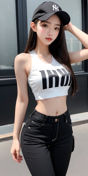 1girl, solo, long hair, brown hair, ((Upper body)), (casual black cap with Newyork yankee logo), aethestic girl, ((mastepiece: 1.5))), sexy, open clothes, midriff, pants, low waist black pants, tight crop top, ((white top: 1.2)), denim, sneakers, beautiful waist, exposed navel, huge breasts, piel suave.Eyes,Detail, low angle shot, 