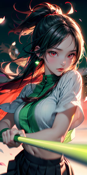 Japanese Anime,Second Dimension,Japanese Anime,1 girl swinging a tachi,White long hair,Anime style,body movements,(((red eyes:1.1))),(((Black pleated skirt))),Elegant Posture、Red Moon、dark purple tones,Elegant and atmospheric。,(((Fluorescent green whip：1.37。Motion blurred,Motion Blur))),Petals in the sky,Blurred foreground,((close up from random angle shot)), 