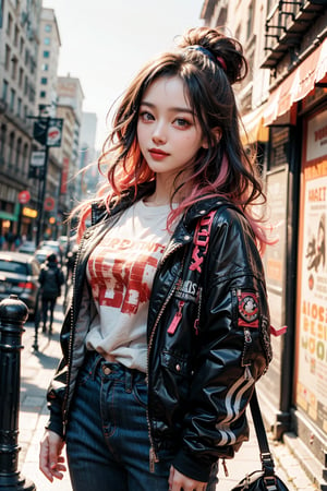 1girl, most beautiful korean girl, Korean beauty model, stunningly beautiful girl, gorgeous girl, 20yo, over sized eyes, big eyes, smiling, looking at viewer, dark gothic cyberpunk woman, defiant face, pastel colors, in clothes, colorful hair, light yellow sweatshirt, pants, black, with pink, guns hd, high detail, huoshen, TheLastOfUs, mgln,masterpiece