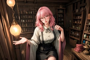 a fantasy magical shop which has a pink haired glasses clumsy girl as shopkeeper. Her store is filled with magic potions, books, papers, magical equipment etc. Her shop is made out of wood and gives the vibe of old shops filled with junk.

A digital painting of a pink-haired girl with glasses, clumsily managing a fantasy magical shop filled with potions, books, papers, and magical equipment. The shop has wooden walls and an old, junk-filled charm. The background features a cozy, cluttered interior with glowing potions and magical artifacts. Created Using: digital painting, warm color palette, detailed textures, dynamic composition, whimsical style, atmospheric lighting, intricate detailing, realistic elements, hd quality, natural look.

HD, 8K, Best Perspective, Best Lighting, Best Composition, Good Posture, High Resolution, High Quality, 4K Render, Highly Denoised, Clear distinction between object and body parts, Masterpiece, Beautiful face, 
Beautiful body, smooth skin, glistening skin, highly detailed background, highly detailed clothes, 
highly detailed face, beautiful eyes, beautiful lips, cute, beautiful scenery, gorgeous, beautiful clothes, best lighting, cinematic , great colors, great lighting, masterpiece, Good body posture, proper posture, correct hands, 
correct fingers, right number of fingers, clear image, face expression should be good, clear face expression, correct face , correct face expression, better hand position, realistic hand position, realistic leg position, no leg deformed, 
perfect posture of legs, beautiful legs, perfectly shaped leg, leg position is perfect, proper hand posture, no hand deformation, no weird palm angle, no unnatural palm posture, no fingers sticking to each other, clear different between fingers of the hand, 

fantasy_shop, wooden_shop_interior, pink_haired_shopkeeper, clumsy_shopkeeper, glasses, magical world, 