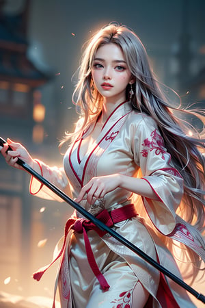 GIRL WARRIOR, best quality, masterpiece, beautiful and aesthetic, 16K, (HDR:1.4), high contrast, (vibrant color:0.5), (muted colors, dim colors, soothing tones:1.3), Exquisite details and textures, cinematic shot, Cold tone, (Dark and intense:1.2), wide shot, ultra realistic illustration, siena natural ratio, Art by Luis Royo and Gustave Moreau, (MARTIAL ART POSE:1.4)
(extreamly delicate and beautiful:1.2), (tmasterpiece, best:1.2), (LONG WHITE HAIR GIRL), (PERFECT SYMMETRICAL RED EYES:1.3), a long_haired girl, cool and determined, evil gaze, (wears red and white hanfu:1.2), (holding long stick, figthing attacking pose:1.4) and intricate detailing, finely eye and detailed face, Perfect eyes, Equal eyes, Fantastic lights and shadows、finely detail,Depth of field,,cumulus,wind,insanely NIGHT SKY,very long hair,Slightly open mouth, long SILVER-WHITE hair,slender waist,,Depth of field, angle ,contour deepening,cinematic angle ,Enhance YEN2
