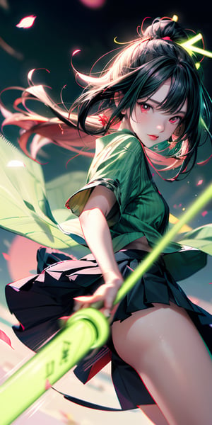 Japanese Anime,Second Dimension,Japanese Anime,(1 girl swinging a tachi, spear, whip),White long hair,Anime style,body movements,(((red eyes:1.1))),(((Black pleated skirt))),Elegant Posture、Red Moon、dark purple tones,Elegant and atmospheric。,(((Fluorescent green whip：1.37。Motion blurred,Motion Blur))),Petals in the sky,Blurred foreground,((close up from random angle shot)), 