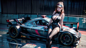 score_9, score_8_up, score_7_up, score_6_up, score_5_up,1girl, fit physique, sport visor cap, (bottomboob:1.3), race queen, race track, sitting , ((F1 race car, car background)), colourful bodysuit, holographic, iridescent, vaporwave, fluid,from below:1.3,Mizuki_Lin