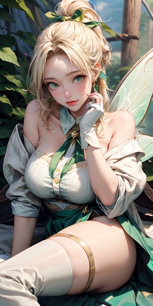 Please redeem、Unity 8K Wallpapers、32K、masterpiece、Very detailed、Ultra-high resolution、RAW Photos、professional、Ultra-fine painting、Magical Fairy Swordsman Leafa、Blonde Long Hair、White hair ribbon、green eyes、Green magical girl costume、Blonde ponytail、White hair ribbon、Yellow ribbon with a large emerald brooch、White pleated skirt with green lines、Green and yellow long gloves、Green thigh-high stiletto heel boots with gold molding、((close up)), 