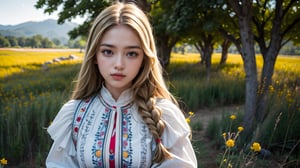 1girl, solo, long hair, blonde hair, outdoor, grass, flowers, scenery, folk dress, white shirt, smile, long sleeves, standing, blue eyes,  (extremely detailed, incredible details, full colored), complex details, hyper maximalist, gorgeous light and shadow, detailed decoration, detailed lines. masterpiece, best quality, HDR, UHD, high color contrast,slavic dress