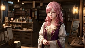 a fantasy magical shop which has a pink haired glasses clumsy girl as shopkeeper. Her store is filled with magic potions, books, papers, magical equipment etc. Her shop is made out of wood and gives the vibe of old shops filled with junk.
A digital painting of a pink-haired girl with glasses, clumsily managing a fantasy magical shop filled with potions, books, papers, and magical equipment. The shop has wooden walls and an old, junk-filled charm. The background features a cozy, cluttered interior with glowing potions and magical artifacts. Created Using: digital painting, warm color palette, detailed textures, dynamic composition, whimsical style, atmospheric lighting, intricate detailing, realistic elements, hd quality, natural look.

HD, 8K, Best Perspective, Best Lighting, Best Composition, Good Posture, High Resolution, High Quality, 4K Render, Highly Denoised, Clear distinction between object and body parts, Masterpiece, Beautiful face, 
Beautiful body, smooth skin, glistening skin, highly detailed background, highly detailed clothes, 
highly detailed face, beautiful eyes, beautiful lips, cute, beautiful scenery, gorgeous, beautiful clothes, best lighting, cinematic , great colors, great lighting, masterpiece, Good body posture, proper posture, correct hands, fantasy_shop, wooden_shop_interior, pink_haired_shopkeeper, clumsy_shopkeeper, glasses, magical world,Mizuki_Lin, 1girl, solo, 