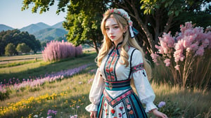 1girl, solo, long hair, blonde hair, outdoor, grass, flowers, scenery, folk dress, white shirt, smile, long sleeves, standing, blue eyes,  (extremely detailed, incredible details, full colored), complex details, hyper maximalist, gorgeous light and shadow, detailed decoration, detailed lines. masterpiece, best quality, HDR, UHD, high color contrast,slavic dress