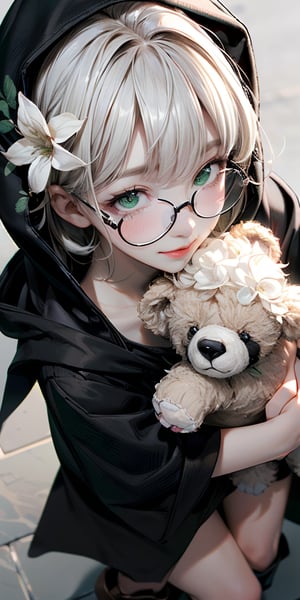 1girl\(cute, kid, white skin, pale skin,(wearing ((simple)) black hood:1.4),(black robe\(hood,white embroidery flower pattern, at edge\):1.3), ((white frilly dress)), (wearing black glasses:1.4), (((green eyes))), black boots, white hair, bangs, short bob hair,smile, holding teddybear\(brown,fluffy\),dynamic pose\), BREAK ,isometric view, BREAK ,quality\(masterpiece, best quality,8k,wallpaper of extremely detailed CG unit, high resolution, top-quality, top-quality real texture skin, hyper realistic, increase the resolution, RAW photos, best quality, highly detailed, the wallpaper,golden ratio\),dynamic angle,Mizuki_Lin