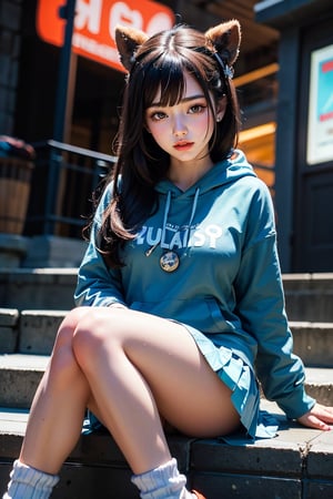 [(8K image), (ultra quality image), (ultra detailed image), (perfect body), (super detailed)], minimalism style, 4d, render, logo, cyberpunk, full detail body female, smily, ((White sports shoes, white loose socks, super mini aqua blue pleated skirt)), fashion, ceramics, hoodie, tubetop, logo, 12k, cinematic, fantastic background, ghost blade art style, fantastic, digital art, high detail, high detail skin, real skin, 8k, high_resolution, high quality, line code with glowing ancient characters, hdr:1.5, sharpness, beautiful korean girl, looking at viewer,masterpiece, high angle shot, ((close up)), sitting on the steps