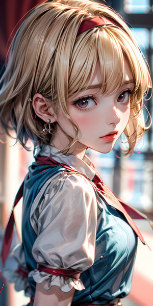 (8K), Sharp Focus, hight resolution, 1girl in, Alice,  (Alice Def), Blonde hair, (sash, Bow, Hair Band), Dress, (High quality:1.2), (high detailing:1.2), (masutepiece:1.2), (Extremely detailed:1.2), (close up from random angle),Mizuki_Lin,alice margatroid