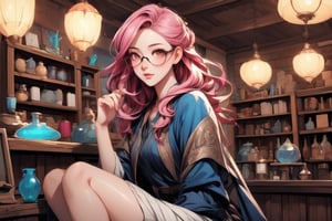 a fantasy magical shop which has a pink haired glasses clumsy girl as shopkeeper. Her store is filled with magic potions, books, papers, magical equipment etc. Her shop is made out of wood and gives the vibe of old shops filled with junk.

A digital painting of a pink-haired girl with glasses, clumsily managing a fantasy magical shop filled with potions, books, papers, and magical equipment. The shop has wooden walls and an old, junk-filled charm. The background features a cozy, cluttered interior with glowing potions and magical artifacts. Created Using: digital painting, warm color palette, detailed textures, dynamic composition, whimsical style, atmospheric lighting, intricate detailing, realistic elements, hd quality, natural look.

HD, 8K, Best Perspective, Best Lighting, Best Composition, Good Posture, High Resolution, High Quality, 4K Render, Highly Denoised, Clear distinction between object and body parts, Masterpiece, Beautiful face, 
Beautiful body, smooth skin, glistening skin, highly detailed background, highly detailed clothes, 
highly detailed face, beautiful eyes, beautiful lips, cute, beautiful scenery, gorgeous, beautiful clothes, best lighting, cinematic , great colors, great lighting, masterpiece, Good body posture, proper posture, correct hands, 
correct fingers, right number of fingers, clear image, face expression should be good, clear face expression, correct face , correct face expression, better hand position, realistic hand position, realistic leg position, no leg deformed, 
perfect posture of legs, beautiful legs, perfectly shaped leg, leg position is perfect, proper hand posture, no hand deformation, no weird palm angle, no unnatural palm posture, no fingers sticking to each other, clear different between fingers of the hand, 

fantasy_shop, wooden_shop_interior, pink_haired_shopkeeper, clumsy_shopkeeper, glasses, magical world, 