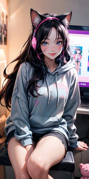 /imagine a beautiful anime girl live streaming from her room, with long black hair, big blue eyes, wearing an oversized pink hoodie and a cute headset with cat ears, sitting in front of a modern computer setup with colorful LED lights, surrounded by plushies and posters on the wall, engaging with her audience, bright and cheerful atmosphere, oversized pink hoodie with long hem, 　