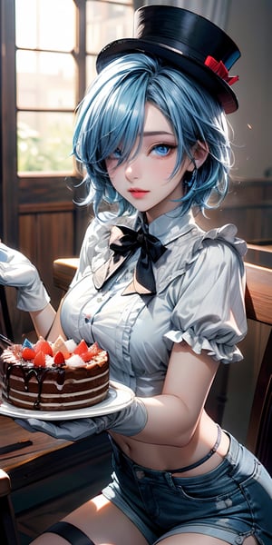 furina, blue eyes, blue hair, cowlick, ahoge, hair over one eye, light blue hair, short hair,
BREAK asymmetrical gloves, black gloves, frills, gloves, half gloves, hat, shorts, tailcoat, thigh strap, top hat, white gloves, white shorts,
BREAK looking at viewer,
BREAK indoors,
BREAK (masterpiece:1.2), best quality, high resolution, unity 8k wallpaper, (illustration:0.8), (beautiful detailed eyes:1.6), extremely detailed face, perfect lighting, extremely detailed CG, (perfect hands, perfect anatomy), Birthday Cake, Cake on table, looking at cake, 1girl, High Resolution, Best Quality, High Quality, Anime Style, 
