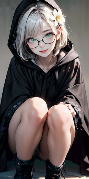 1girl\(cute, kid, white skin, pale skin,(wearing ((simple)) black hood:1.4),(black robe\(hood,white embroidery flower pattern, at edge\):1.3), ((white frilly dress)), (wearing black glasses:1.4), (((green eyes))), black boots, white hair, bangs, short bob hair,smile, holding teddybear\(brown,fluffy\),dynamic pose\), BREAK ,isometric view, BREAK ,quality\(masterpiece, best quality,8k,wallpaper of extremely detailed CG unit, high resolution, top-quality, top-quality real texture skin, hyper realistic, increase the resolution, RAW photos, best quality, highly detailed, the wallpaper,golden ratio\),dynamic angle,Mizuki_Lin