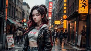 1girl, most beautiful korean girl, Korean beauty model, stunningly beautiful girl, gorgeous girl, 20yo, Avant-garde hairstyles, looking at viewer, dark gothic cyberpunk woman, defiant face, pastel colors, in clothes, colorful hair, light yellow sweatshirt, pants, high detail, huoshen, TheLastOfUs, mgln,masterpiece, upper body photo, (from head to waist photo), from below:1.3, slim waist, 