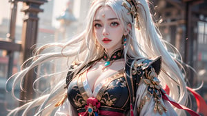 best quality, masterpiece, beautiful and aesthetic, 16K, (HDR:1.4), high contrast, Photorealistic, masutepiece, Photorealistic, High resolution, Soft light, hips up high, Blue eyes, White hair, high ponytail, Intricate details EABA, cloaks, spear, Samurai, armor, Japanese Katana Sword, Warrior, Samurai Helmet、beautiful anime woman, anime goddess, keqing from genshin impact, a beautiful fantasy empress、A bell hangs on his chest、Japanese style costume,More Detail,girl,1girl, swordup, dynamic photography, from below:1.3,1 girl