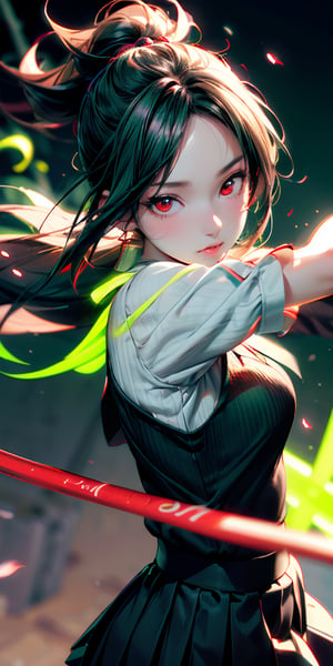 Japanese Anime,Second Dimension,Japanese Anime,1 girl swinging a tachi,White long hair,Anime style,body movements,(((red eyes:1.1))),(((Black pleated skirt))),Elegant Posture、Red Moon、dark purple tones,Elegant and atmospheric。,(((Fluorescent green whip：1.37。Motion blurred,Motion Blur))),Petals in the sky,Blurred foreground,((close up from random angle shot)), 