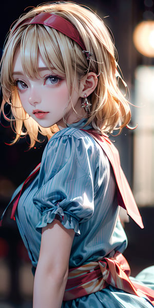 (8K), Sharp Focus, hight resolution, 1girl in, Alice,  (Alice Def), Blonde hair, (sash, Bow, Hair Band), Dress, (High quality:1.2), (high detailing:1.2), (masutepiece:1.2), (Extremely detailed:1.2), (close up from random angle),Mizuki_Lin,alice margatroid, perfect figure:1.3