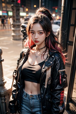 1girl, most beautiful korean girl, Korean beauty model, stunningly beautiful girl, gorgeous girl, 20yo, over sized eyes, big eyes, looking at viewer, dark gothic cyberpunk woman, defiant face, pastel colors, in clothes, colorful hair, light yellow sweatshirt, pants, black, with pink, guns hd, high detail, huoshen, TheLastOfUs, mgln,masterpiece