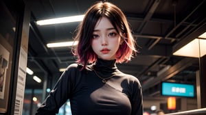 1girl, most beautiful korean girl, Korean beauty model, stunningly beautiful girl, gorgeous girl, 20yo, Avant-garde hairstyles, straight hair, looking at viewer, dark gothic cyberpunk woman, defiant face, pastel colors, in clothes, colorful hair, light yellow sweatshirt, pants, high detail, huoshen, TheLastOfUs, mgln,masterpiece, upper body photo, (from head to waist photo), from below:1.3, slim waist, 