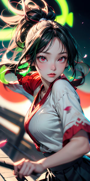 Japanese Anime,Second Dimension,Japanese Anime,1 girl swinging a tachi,White long hair,Anime style,body movements,(((red eyes:1.1))),(((Black pleated skirt))),Elegant Posture、Red Moon、dark purple tones,Elegant and atmospheric。,(((Fluorescent green whip：1.37。Motion blurred,Motion Blur))),Petals in the sky,Blurred foreground,((close up from random angle shot)), 