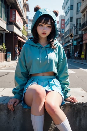 [(8K image), (ultra quality image), (ultra detailed image), (perfect body), (super detailed)], minimalism style, 4d, render, logo, cyberpunk, full detail body female, smily, ((White sports shoes, white loose socks, super mini aqua blue pleated skirt)), fashion, ceramics, hoodie, tubetop, logo, 12k, cinematic, fantastic background, ghost blade art style, fantastic, digital art, high detail, high detail skin, real skin, 8k, high_resolution, high quality, line code with glowing ancient characters, hdr:1.5, sharpness, beautiful korean girl, looking at viewer,masterpiece, high angle shot, ((close up)), sitting on the steps