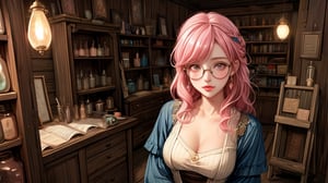 a fantasy magical shop which has a pink haired glasses clumsy girl as shopkeeper. Her store is filled with magic potions, books, papers, magical equipment etc. Her shop is made out of wood and gives the vibe of old shops filled with junk.

A digital painting of a pink-haired girl with glasses, clumsily managing a fantasy magical shop filled with potions, books, papers, and magical equipment. The shop has wooden walls and an old, junk-filled charm. The background features a cozy, cluttered interior with glowing potions and magical artifacts. Created Using: digital painting, warm color palette, detailed textures, dynamic composition, whimsical style, atmospheric lighting, intricate detailing, realistic elements, hd quality, natural look.

HD, 8K, Best Perspective, Best Lighting, Best Composition, Good Posture, High Resolution, High Quality, 4K Render, Highly Denoised, Clear distinction between object and body parts, Masterpiece, Beautiful face, 
Beautiful body, smooth skin, glistening skin, highly detailed background, highly detailed clothes, 
highly detailed face, beautiful eyes, beautiful lips, cute, beautiful scenery, gorgeous, beautiful clothes, best lighting, cinematic , great colors, great lighting, masterpiece, Good body posture, proper posture, correct hands, fantasy_shop, wooden_shop_interior, pink_haired_shopkeeper, clumsy_shopkeeper, glasses, magical world,Mizuki_Lin