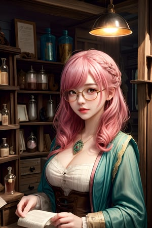 a fantasy magical shop which has a pink haired glasses clumsy girl as shopkeeper. Her store is filled with magic potions, books, papers, magical equipment etc. Her shop is made out of wood and gives the vibe of old shops filled with junk.
A digital painting of a pink-haired girl with glasses, clumsily managing a fantasy magical shop filled with potions, books, papers, and magical equipment. The shop has wooden walls and an old, junk-filled charm. The background features a cozy, cluttered interior with glowing potions and magical artifacts. Created Using: digital painting, warm color palette, detailed textures, dynamic composition, whimsical style, atmospheric lighting, intricate detailing, realistic elements, hd quality, natural look.

HD, 8K, Best Perspective, Best Lighting, Best Composition, Good Posture, High Resolution, High Quality, 4K Render, Highly Denoised, Clear distinction between object and body parts, Masterpiece, Beautiful face, 
Beautiful body, smooth skin, glistening skin, highly detailed background, highly detailed clothes, 
highly detailed face, beautiful eyes, beautiful lips, cute, beautiful scenery, gorgeous, beautiful clothes, best lighting, cinematic , great colors, great lighting, masterpiece, Good body posture, proper posture, correct hands, fantasy_shop, wooden_shop_interior, pink_haired_shopkeeper, clumsy_shopkeeper, glasses, magical world,Mizuki_Lin, 1girl, solo, 