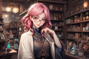 a fantasy magical shop which has a pink haired glasses clumsy girl as shopkeeper. Her store is filled with magic potions, books, papers, magical equipment etc. Her shop is made out of wood and gives the vibe of old shops filled with junk.

A digital painting of a pink-haired girl with glasses, clumsily managing a fantasy magical shop filled with potions, books, papers, and magical equipment. The shop has wooden walls and an old, junk-filled charm. The background features a cozy, cluttered interior with glowing potions and magical artifacts. Created Using: digital painting, warm color palette, detailed textures, dynamic composition, whimsical style, atmospheric lighting, intricate detailing, realistic elements, hd quality, natural look.

HD, 8K, Best Perspective, Best Lighting, Best Composition, Good Posture, High Resolution, High Quality, 4K Render, Highly Denoised, Clear distinction between object and body parts, Masterpiece, Beautiful face, 
Beautiful body, smooth skin, glistening skin, highly detailed background, highly detailed clothes, 
highly detailed face, beautiful eyes, beautiful lips, cute, beautiful scenery, gorgeous, beautiful clothes, best lighting, cinematic , great colors, great lighting, masterpiece, Good body posture, proper posture, correct hands, 
correct fingers, right number of fingers, clear image, face expression should be good, clear face expression, correct face , correct face expression, better hand position, realistic hand position, realistic leg position, no leg deformed, 
perfect posture of legs, beautiful legs, perfectly shaped leg, leg position is perfect, proper hand posture, no hand deformation, no weird palm angle, no unnatural palm posture, no fingers sticking to each other, clear different between fingers of the hand, 

fantasy_shop, wooden_shop_interior, pink_haired_shopkeeper, clumsy_shopkeeper, glasses, magical world, 